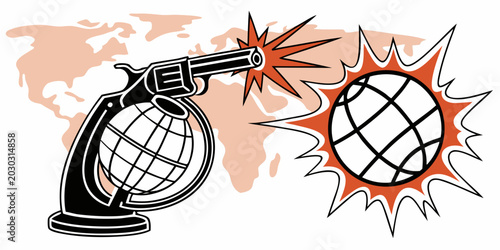 Canvastavla Conceptual illustration of gun targeting world map with explosion impact revolve