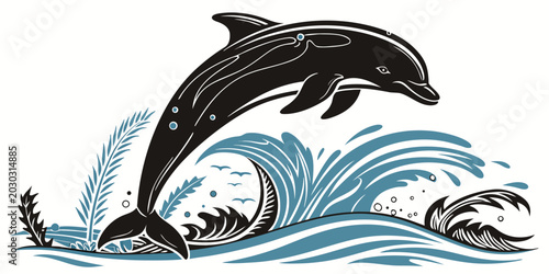 Photography Graphic illustration of a bottlenose dolphin leaping through stylized ocean wave