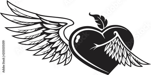 Obraz na płótnie Black heart shape with feathery wings and leaf element illustration romantic iso