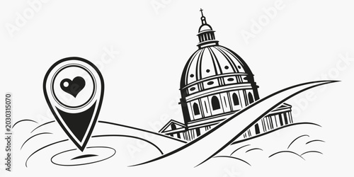 Canvas-taulu Black and white vector graphic of historic cathedral dome architecture with trav