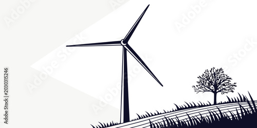 Photos Black and white graphic landscape featuring wind turbine and solitary tree renew