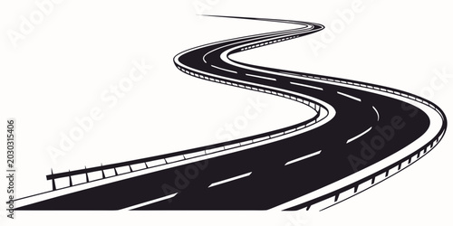 Photos Graphic illustration of a winding highway road with guardrails in black and whit