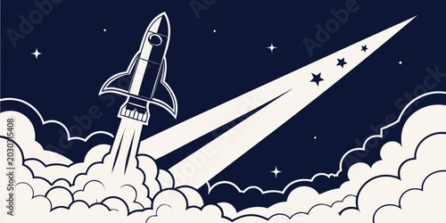 Quadro su tela Rocket ship launching into deep space with glowing stars and smoke trails in a m