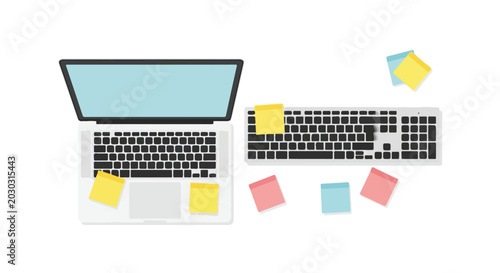 Foto Top-down view of a modern workstation featuring an open laptop, a separate black keyboard, and colorful sticky notes on a white background
