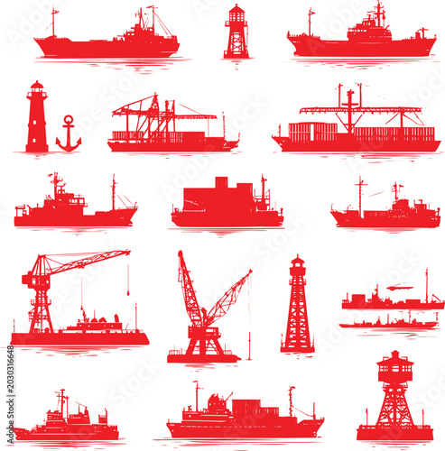 Set of red oil tankers at an industrial harbor port with cranes and cargo ships on the sea skyline