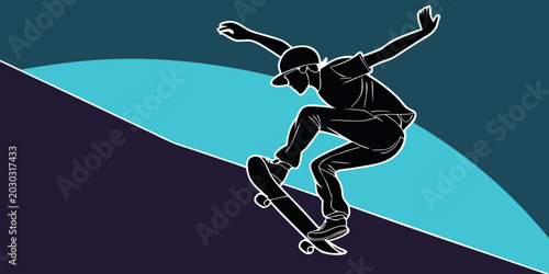 Konstfotografi Action silhouette of a skateboarder wearing a helmet performing a jump trick aga