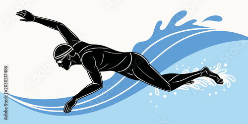 Schilderij op canvas Male freestyle swimmer silhouette graphics with blue water waves swimming silhou