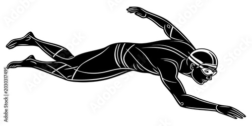 Schilderij op canvas Isolated silhouette of male swimmer in freestyle stroke with swimming silhouette