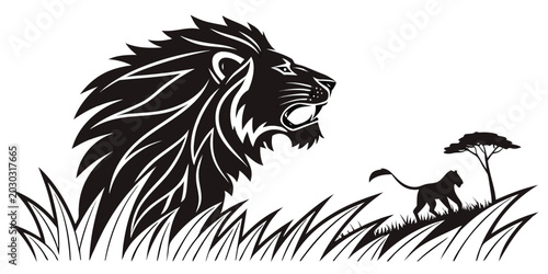Photos Stylized lion silhouette head and prowling panther in african savanna landscape