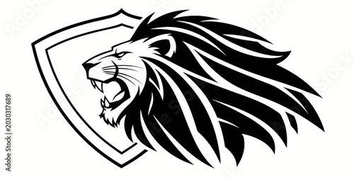 Schilderij op canvas Roaring lion head mascot graphic with heraldic shield background vector illustra