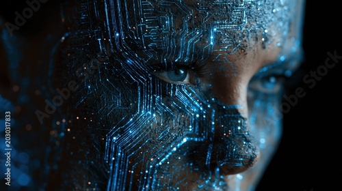 Double exposure of a human face and glowing digital circuit lines, concept of human-AI integration, deep blue and black color palette