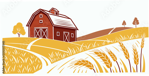 Foto Graphic landscape illustration of a large farm barn situated on a rolling hill w