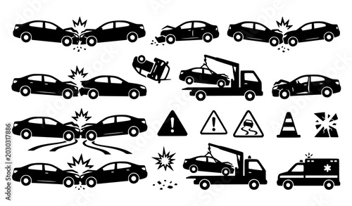 Quadro su tela Black Car Accident Silhouette Vector Set with Crash Collision and Traffic Hazard