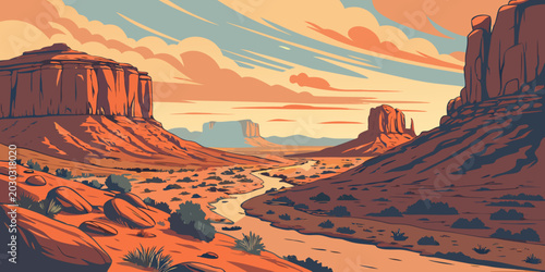 Tableau sur toile Vector illustration of a desert valley landscape featuring towering red rock for