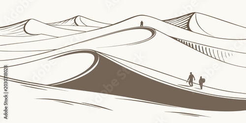 Foto Monochrome brown line art illustration of several travelers hiking across the ri