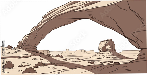Konstfotografi Minimalist illustration of a natural rock arch in a desert landscape with distan