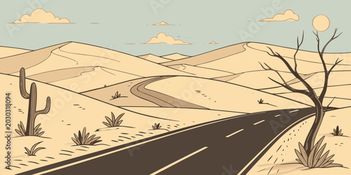 Fotografie Minimalist vector illustration of a winding desert road through sand dunes with