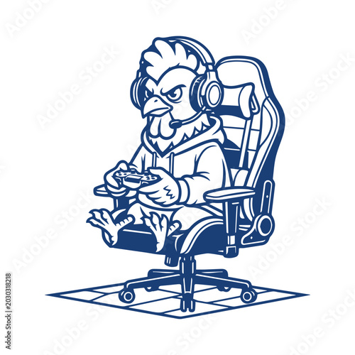 Gaming Rooster Sitting in Gamer Chair Line Art Design