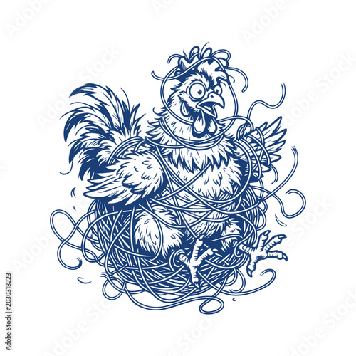 Funny Rooster Tangled in Yarn Ball Line Art Design