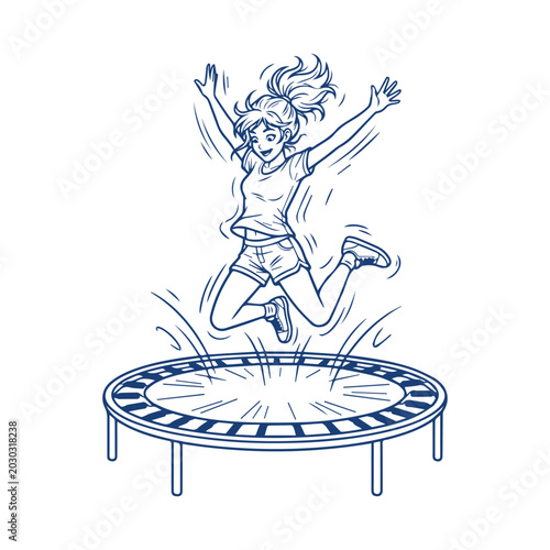 Happy Young Woman Jumping on Trampoline Line Art Design