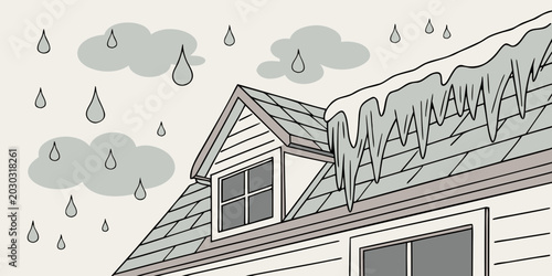 Photography House roof with icicles and melting snow during rainy winter weather indicating