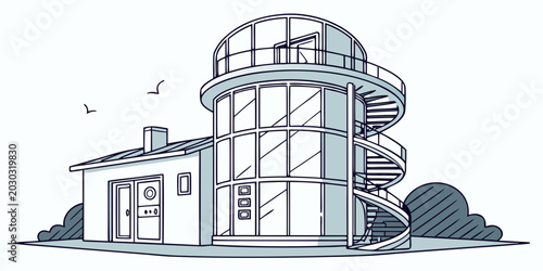 Foto Modern minimalist house with circular glass tower and outdoor spiral staircase i