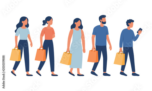 Flat vector illustration of men and women walking while carrying shopping bags. Perfect for retail, fashion, lifestyle, consumerism, sale, and shopping concepts.