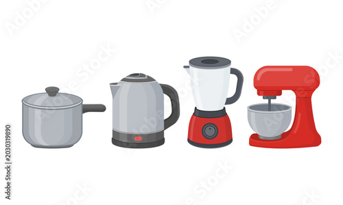 Vector illustration featuring a collection of kitchen appliances including a pot, kettle, blender, and mixer. Perfect for cooking, baking, culinary, household, and kitchen design themes.