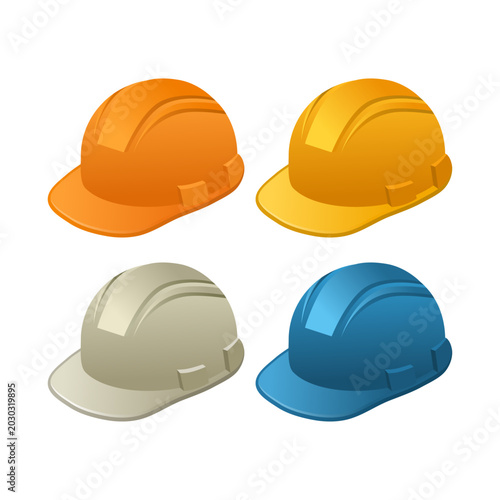 Vector illustration featuring a collection of worker safety helmets in various colors and styles. Perfect for construction, engineering, industrial safety, and workplace protection design themes.
