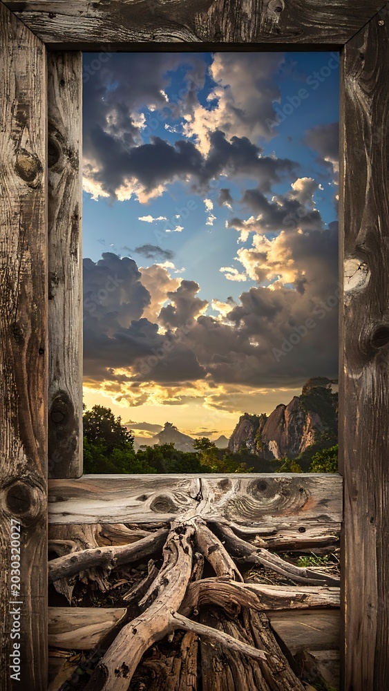 Obraz premium A rustic wooden frame surrounds a serene natural landscape