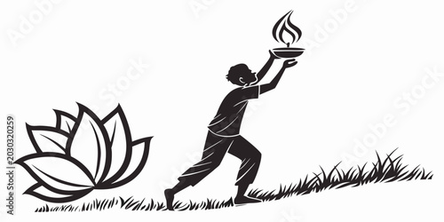 Fotografija Silhouette of a person holding a flame aloft beside a lotus flower with silhouet