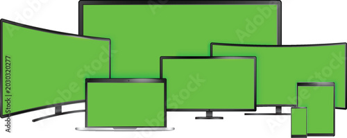 A diverse collection of modern electronic devices including televisions, monitors, laptops, and smartphones, all featuring vibrant green screens for easy compositing and customization.