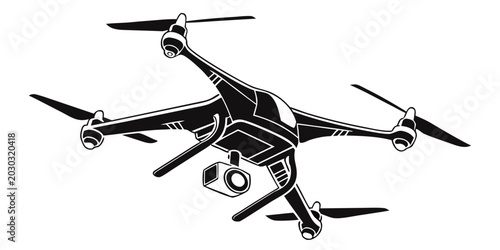 Photography Black and white illustration of a quadcopter drone with a camera suspended below