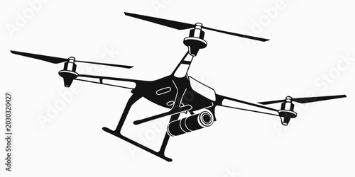 Photography Black and white vector graphic of a quadcopter drone with an integrated camera u