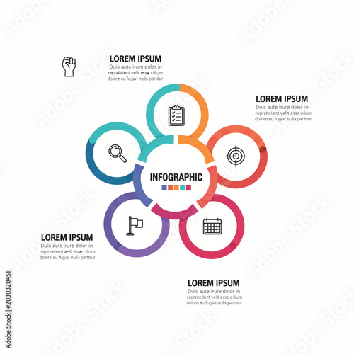 A vibrant infographic template with colorful circles and icons on a white background showcasing business information.