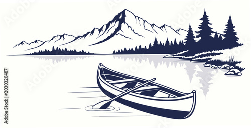 Cuadro en lienzo Canoe with paddle floating on mountain lake with forest reflection black and whi