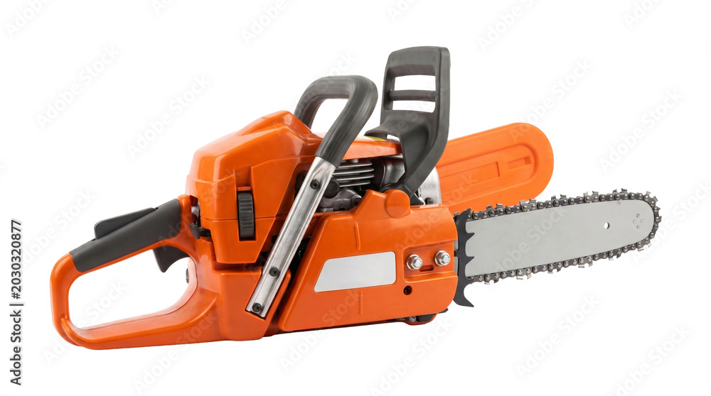 Fototapeta premium Orange chainsaw isolated on transparent background, power tool for cutting wood.