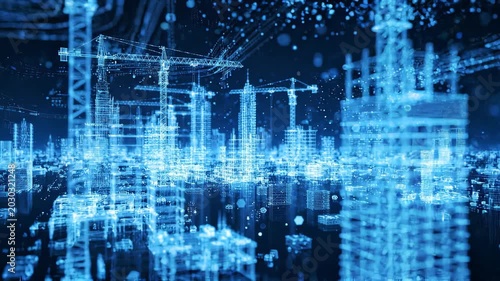 Digital blue hologram of city skyline with construction cranes and buildings in urban development, concept for smart city planning, architectural engineering and urban infrastructure