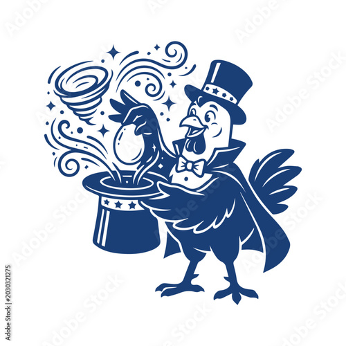 Magic Rooster Performing Hat Trick Line Art Design