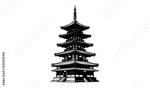 Obraz na plátně Traditional Japanese five story pagoda temple building sketch black and white il