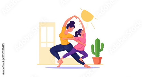 Couple enjoying indoor yoga and stretching together happily.