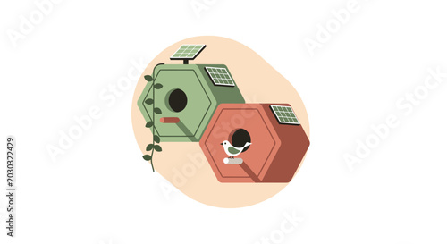 Colorful Hexagonal Birdhouses with Greenery and Birdhole Detail.