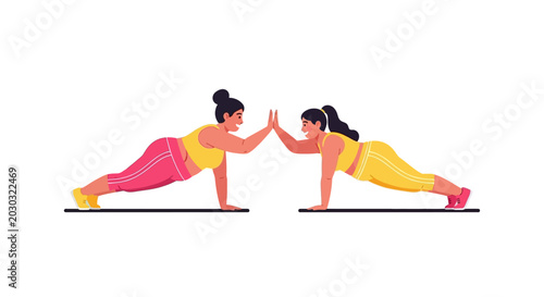Two Women Performing High Five During Plank Exercise Routine.