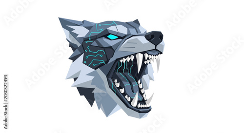 Geometric Wolf Head Illustration With Glowing Eyes and Sharp Teeth.