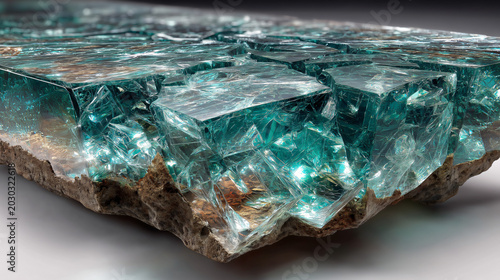 Macro view of raw unpolished teal blue crystals with rough brown matrix base showcasing intricate geometric facets and internal light refraction creating a mesmerizing ethereal