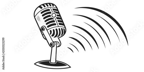 Bild auf Leinwand Line art illustration of a professional vintage microphone creating sound waves