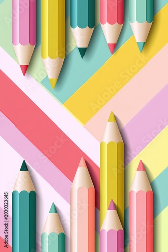 Colorful Pencils on Geometric Pastel Background: Vibrant Art and Creativity Concept