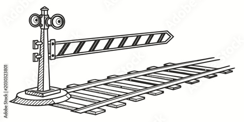 Quadro su tela Isolated sketch of a railway crossing barrier arm with dual lights on a track se