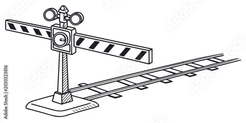 Cuadro en lienzo Graphic icon of a railway crossing gate with warning lights and stop signal mech