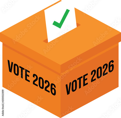 Photos An orange ballot box with 'VOTE 2026' text and a ballot paper with a green checkmark being inserted